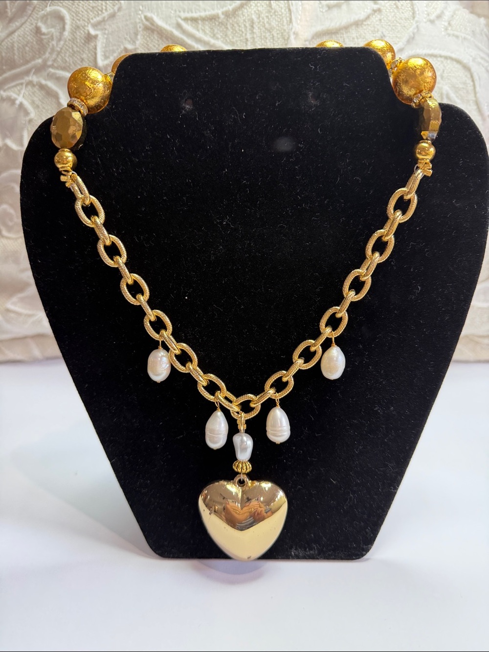 Gold Heart Pendant Necklace with Pearl Drops